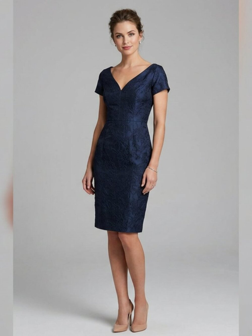Kay Unger Adrianna Floral Jacquard V-Neck Sheath Dress Navy Size 10 As-Is